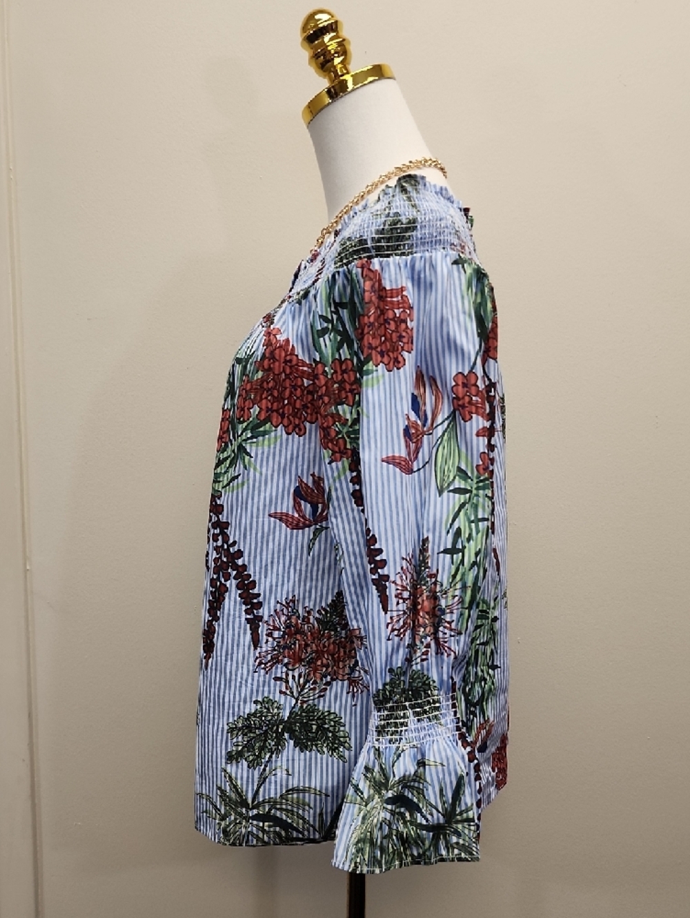 Tommy Hilfiger Off Shoulder Blouse Blue Stripe Floral Long Sleeve Size Medium - Picture 4 of 12